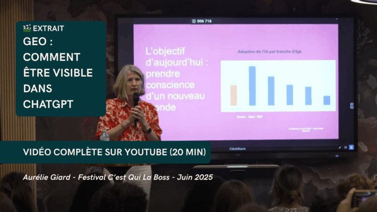Aurélie Giard présente une conférence sur le GEO et ChatGPT au Festival C'est Qui La Boss 2025, avec graphique d'adoption de l'IA visible sur écran