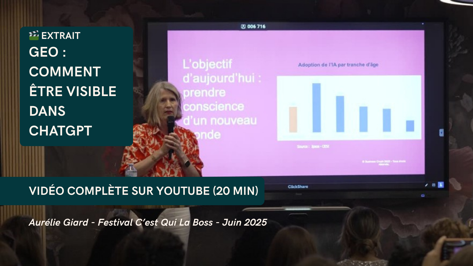 Aurélie Giard présente une conférence sur le GEO et ChatGPT au Festival C'est Qui La Boss 2025, avec graphique d'adoption de l'IA visible sur écran