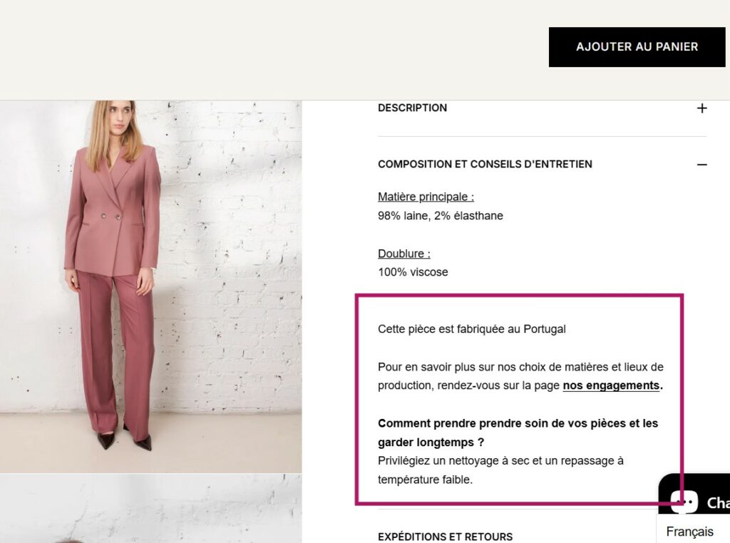 Capture d’écran de la fiche produit 17h10 montrant les informations de composition, de fabrication au Portugal et les conseils d’entretien