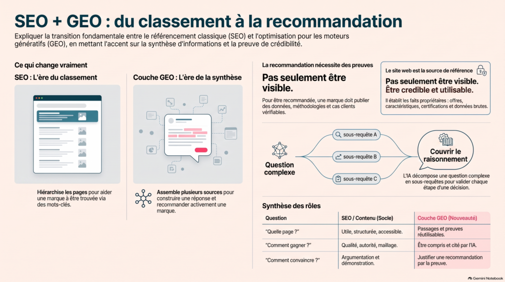 Infographie comparant SEO et GEO : classement des résultats, synthèse des sources, preuves, query fan-out et recommandation IA.